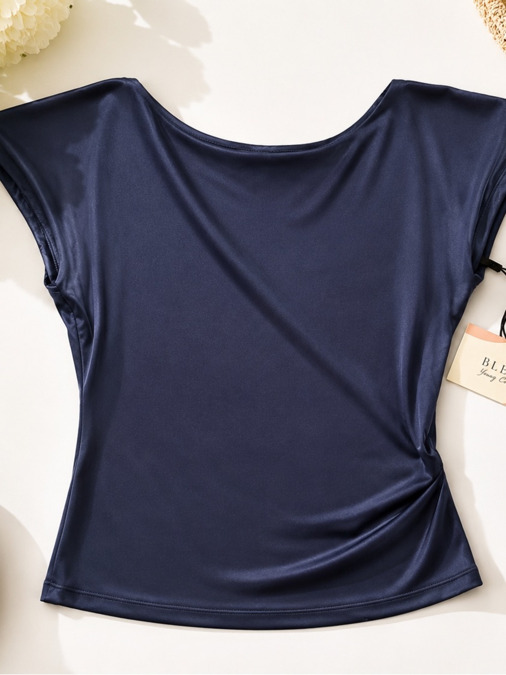 BLENCA Open Back Indigo Blue Draped Top L NWT Silky Stretch Elegant Blouse